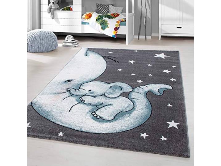 HomebyHome Kinderteppich Elefantenfreunde Blau 200x290 cm XXL Spielteppich Weiche Oberfläche & Sanftes Farbkonzept