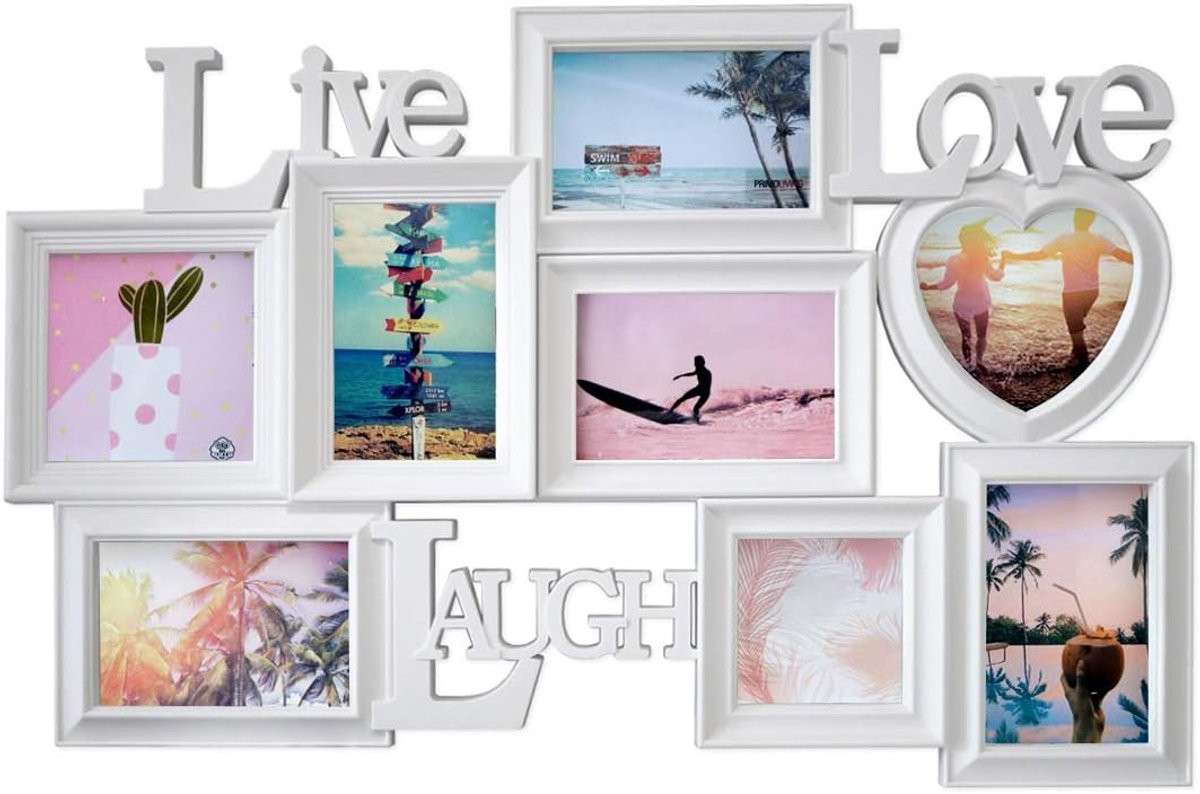 Live Love Laugh fotocollage fotolijst voor 8 foto's, wit, 65 x 42 cm