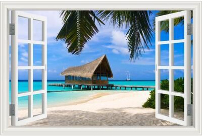 Inspire Select 3D Beach Window View Wall Sticker Ocean Sky Landscape Peel & Stick PVC Wallpaper 14 24 36 In