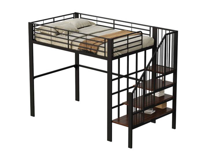 Modfu Hochbett aus Metall und Holz 140x200 cm Schwarz mit Treppe und Stauraum, stabile Konstruktion, 140x200 cm, Babymöbel & Kindermöbel, Kinderzimmer & Jugendzimmer, Kinderbetten, Hochbetten