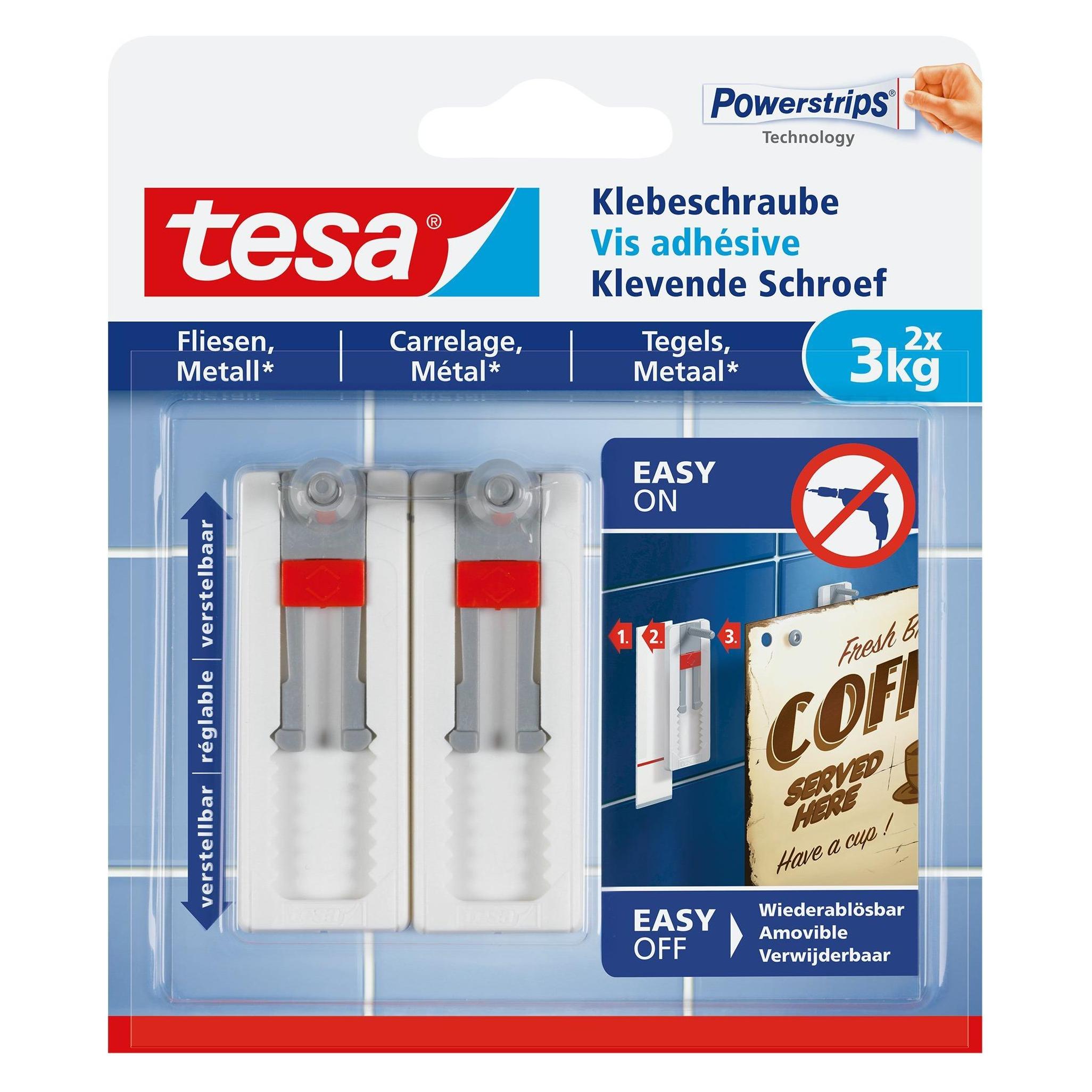 tesa Klebeschraube für Fliesen & Metall, höhenverstellbar, 3kg Halteleistung (77765-00000-00)