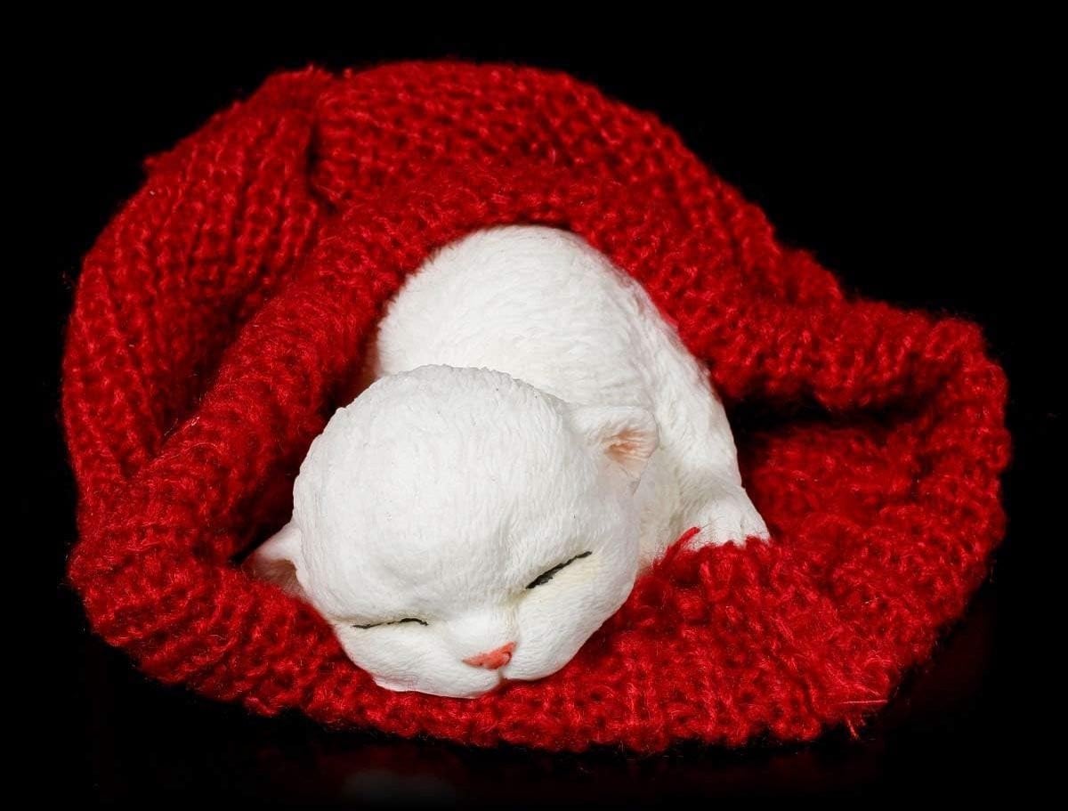 Decoratief beeldje slapende kat - Handbeschilderd - Rood - Hoogte: 6 cm