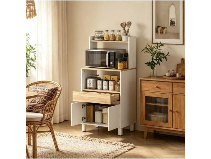 VUENOR Meuble micro-ondes 60x40x131 cm blanc et chêne – rangement avec niche micro-ondes tiroir et placard
