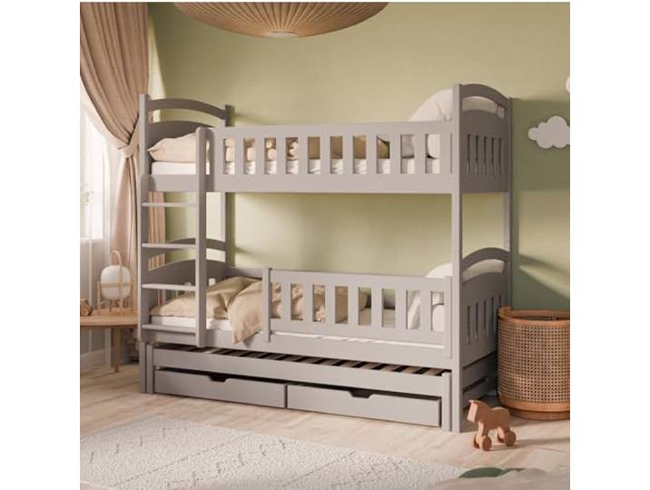 Kids Collective Hochbett Kinderbett mit Zwei Schubladen Kaschmir Etagenbett mit Rausfallschutz und Lattenrost umbaubar in 3 Einzelbetten 90x200 cm & 90x190 Auszug