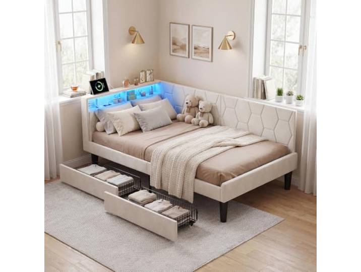 Polsterbett Schlafsofa 90x200 mit 2 Schubladen,Jugendbett 90x200 mit LED-Beleuchtung, Tagesbett mit Steckdosen,Gästebett Einzelbett Bettgestell mit Lattenrost aus Holz,Samt,Ohne Matratze