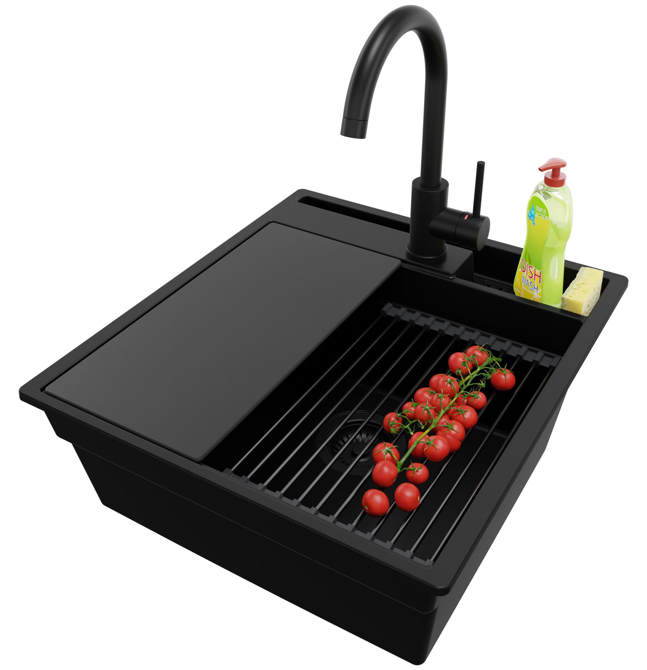 PRIMAGRAN Granitspüle Alles Schwarz 48x53cm, Spülbecken 1 Becken + Ablauf-Set + Küchenzubehörset, Küchenspüle ab 50er Unterschrank - Oslo Pocket