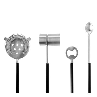 Cocktail-Set FINK STUDIO "ALL IN ONE", silber (schwarz), Edelstahl, Cocktail-Sets, Cocktail-Set, bestehend aus Sieb, Rührlöffel, Flaschenöffner, Barmaß