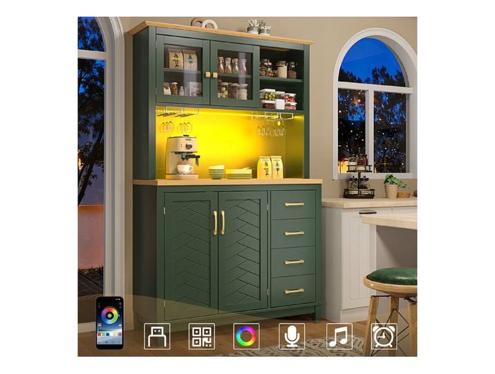 Fine Life Pro Sideboard Sideboard Landhausstil, 4 Türen, LED-Licht, Getränkehalter