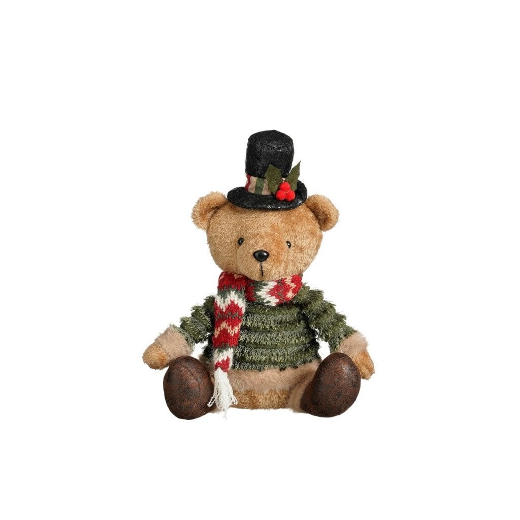 Pluche deco beer groen en bruin met kerstthema, Hoogte: 23 cm
