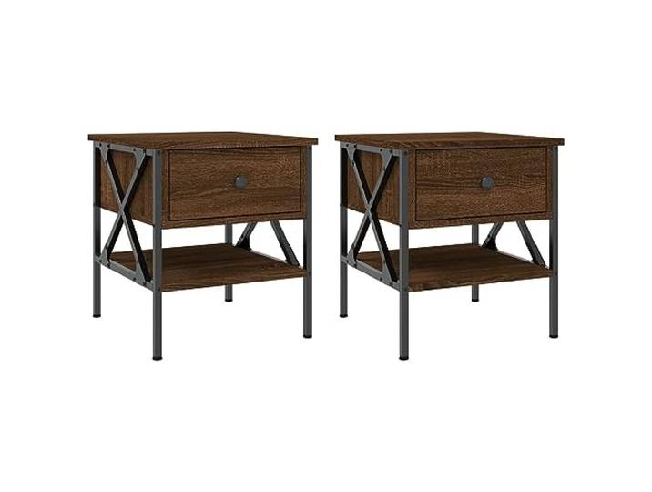 HGLADYU Industrieller Nachttisch 2 STK. Braun Eichen-Optik 40x42x45 cm Holzwerkstoff mit Eisenrahmen, verstellbaren Füßen und viel Stauraum für Schlafzimmer