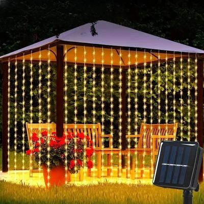 Uplift Picks Solar LED Curtain String Lights With 8 Modes For Garden Decor warm 3mx3m 300leds