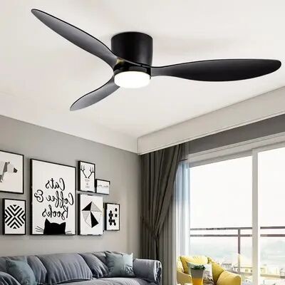 On Spot Shop Modern LED Ceiling Fan With Light, Silent DC Motor, Speed Electric Fan & Remote, Nordic Flush Mount Ceiling Fan pure Black 42inch