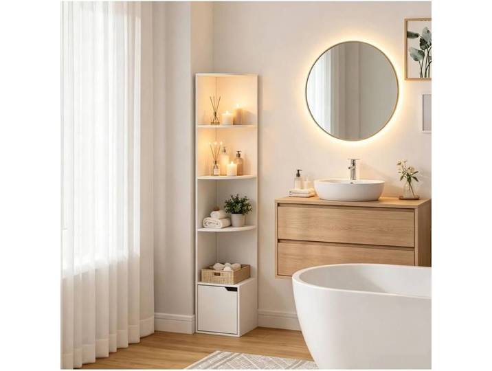 MEULVA Étagère d'angle blanche 29 5 x 29 5 x 157 5 cm 5 étagères ouvertes et placard