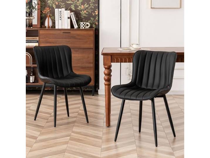 YOUTASTE Esszimmerstühle 2er Set, Küchenstühle mit PU Leder & Rückenlehne Polsterstuhl mit Streifenmuster & Metallbeinen, Vintage Moderne, für Esszimmer, Küche, 150kg, Schwarz