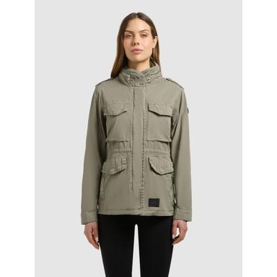 Cargojacke KHUJO "NORI", Damen, Gr. M, beige (reet grün), Twill, 100% Baumwolle, unifarben, regular fit hüftlang, eingesetzt mit Knöpfen, Jacken