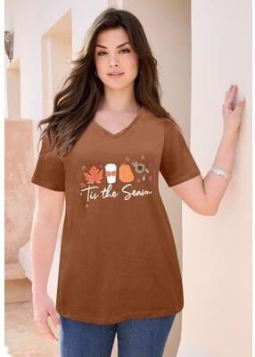 Plus Size Women's Graphic Tee by Roaman's in Cognac Autumn Print (Size 12)