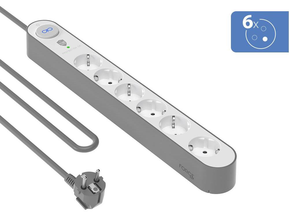 Force Power Lite stekkerdoos met 6 stopcontacten type E 1120J met overspanningsbeveiliging wit/grijs