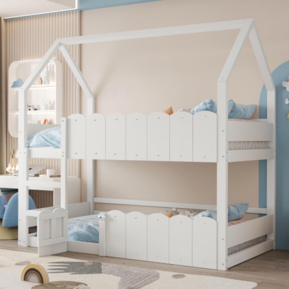 Kinder-Etagenbett, Hausförmiges Design,Obere Bett verfügt über Einen Lattenrost 90*200 cm
