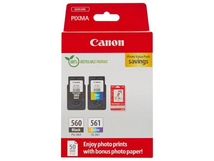 Canon PG-560 + CL-561 Fine Cartouches d'encre d'origine + Papier Photo 7.5ml + 8.3ml Encre authentique et papier photo - pour PIXMA TS5350i\, TS7450i\, TS5350a\, TS5350\, TS5351i\, TS5351a et plus !