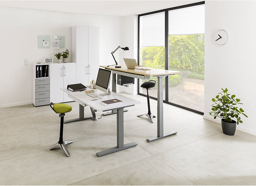 kaiserkraft UPLINER-K - Schreibtisch, elektrisch höhenverstellbar, mit Tastschalter, BxT 1600 x 800 mm, lichtgrau/alusilber