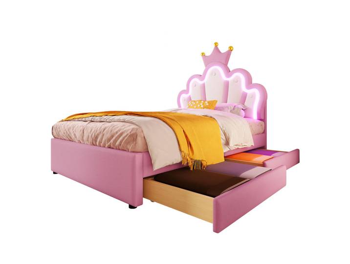 Flieks Polsterbett 90x200cm Rosa PU Fernbedienung Kronenform 2 Schubladen, Pink, Holz, 90x200 cm, Schlafzimmer, Betten, Polsterbetten