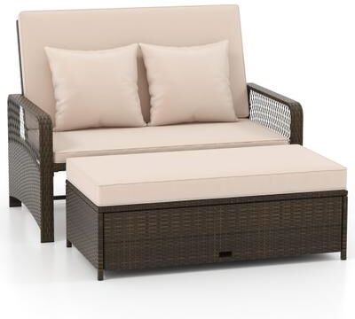 Costway Patio Adjustable Wicker Daybed with 4-Level Backrest and Soft Cushions-Beige