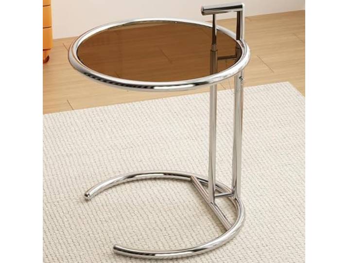 WEIDPHL Runder Beistelltisch Aus Glas, Beistelltisch Aus Edelstahl, Snack-Beistelltisch, Nachttisch, C-Förmiger Beistelltisch Für Couch, Wohnzimmer, Schlafzimmer,Braun