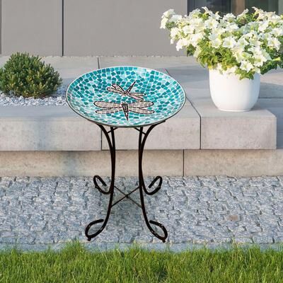 Alpine Corporation Outdoor Mosaic Glass Birdbath Bowl with Metal Stand