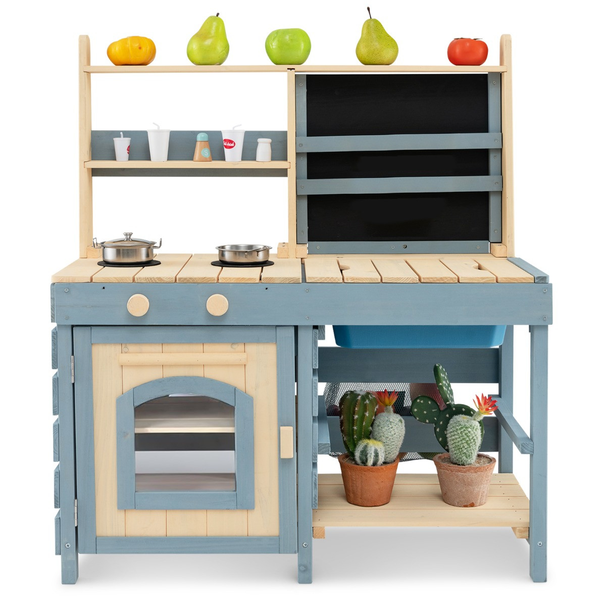 Costway 2-in-1 Outdoor Modderkeuken Kinderspeelkeuken en Kruidenierswinkel met Kraan en Afneembare Gootsteen