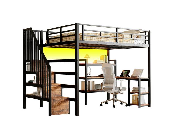 Komhtom Hochbett 140x200 cm, integriertem Schreibtisch, Schwarz, Holz, Mode, 140x200 cm, Babymöbel & Kindermöbel, Kinderzimmer & Jugendzimmer, Kinderbetten, Hochbetten