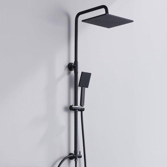 Unyqoos Zwarte regendoucheset met vierkante douchekop 25x25 cm, verstelbare stang 74–109 cm, handdouche en 1,5 meter roestvrijstalen slang