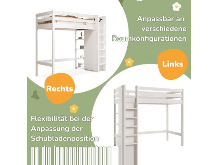 Lit mezzanine adulte 90x200 blanc avec armoire et 6 étagères cadre de haute qualité
