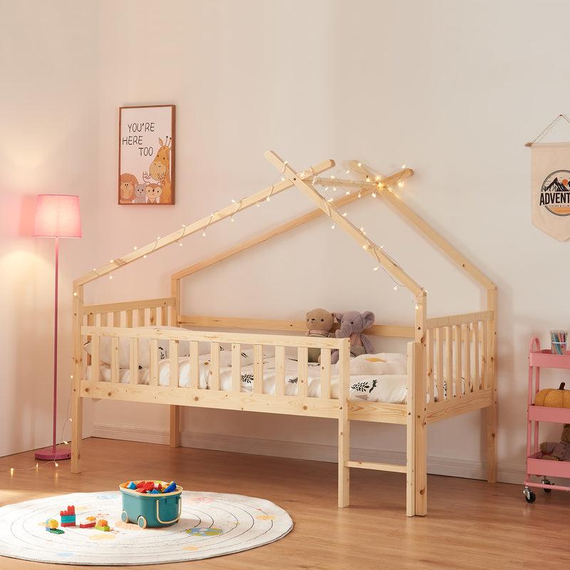 Kinderbett 90x200 cm - Etagenbett - Holzbett - Mit Schutzgitter - Aus massivem Kiefernholz - Natürliches Design
