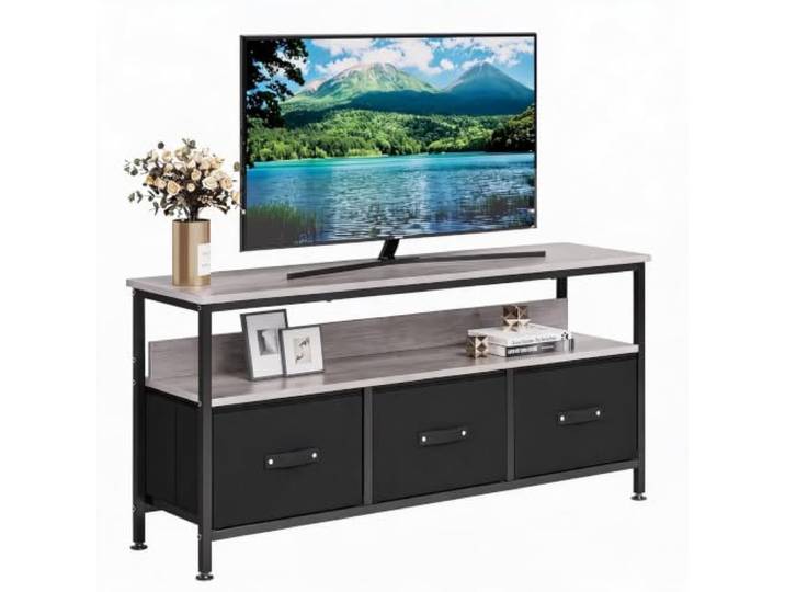 TV-Schrank mit 3 Stoffschubladen für 55-Zoll-Fernseher, 120 x 30 x 57 cm Entertainment-Center mit Offenem Regal, TV-Konsole mit Metallgestell & Holzplatte TV-Schrank für Wohnzimmer & Schlafzimmer