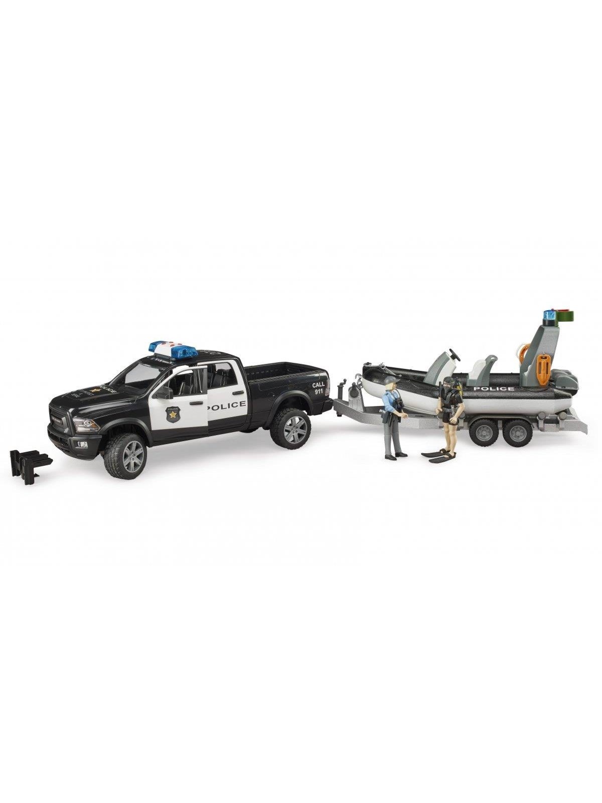 Bruder Dodge Ram 2500 Police pickup truck trailer boat 2 figures with Light and Sound toy