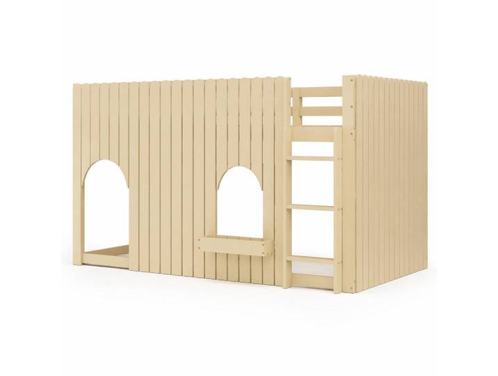 Evryae Kinderbett 90/200 mit Zäunen, LED-Lichtleisten, Leiter und Ablagefach in Natur, Naturfarben, 90x200 cm, Babymöbel & Kindermöbel, Kinderzimmer & Jugendzimmer, Kinderbetten
