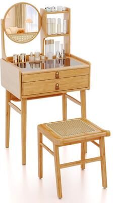 Costway Small Vanity Desk and Stool Set with Mirror and 2 Drawers