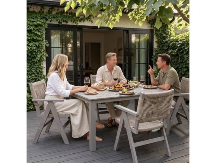 MARIELYST 5-teilige Garten Essgruppe, Gartentisch mit HIPS-Rahmen + 4 Armlehnenstühle mit geflochtenem Rattanbezug, Outdoor Esstisch Set für Terrasse, Balkon & Garten (Charcoal Grey+Charcoal Grey)