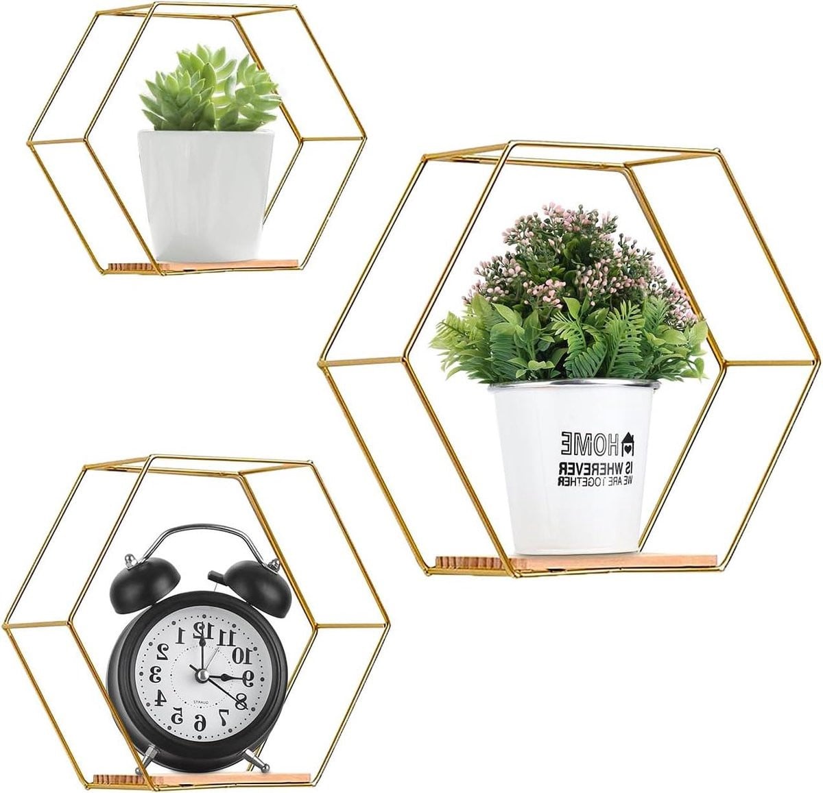Set van 3 goudkleurige zeshoekige wandplanken met industrieel design