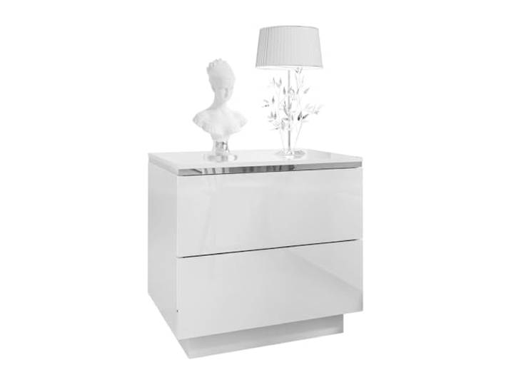 Lookway Nachttisch Aurora II Silver Weiß Hochglanz mit LED – Hängend oder auf Silberfüßen – Modernes Schlafzimmermöbel mit Dekorleiste (mit Sockel)