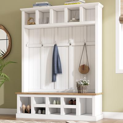 AISWORD Farmhouse Hall Tree with Wide Storage Seating Bench,Entryway Shoe Cabinet with 13 Compartments,Elegant Coat Rack with 6 Hooks