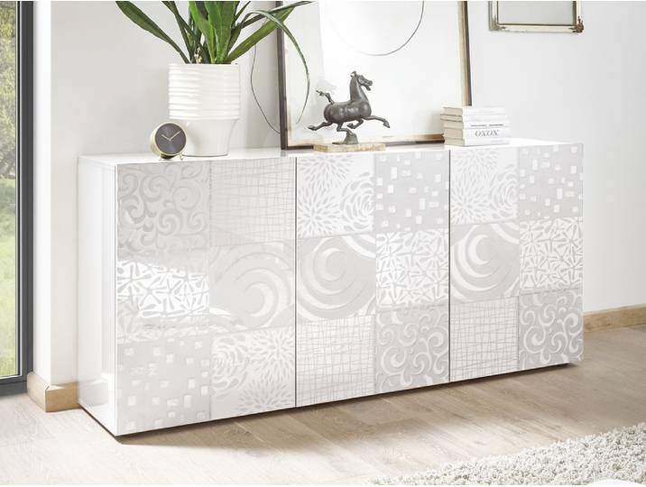 Bahut 3 portes Miranda laqué blanc sérigraphié - Basika