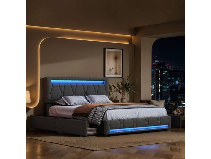 Rosahqnda Lit capitonné, Lit double sans matelas, Cadre de lit en lin avec dossier tête de lit, 4 tiroirs, Lit double
