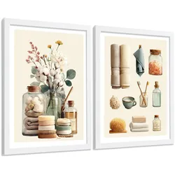 POSTER 2er-Set dekorative Kunstdrucke im Spa-Stil für, minimalistische Bilder mit Blumen Zen-Poster für entspannende Badezimmer- Weißer Rahmen A4
