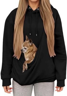 Uplifted Finds Autumn Winter Womens Hooded Sweatshirt With Pet Carrier Pocket Loose Fit Top l black