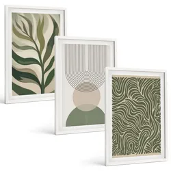 BILDER SET 3er Set - 40x60 cm Weißer Rahmen - Geometrische Blattformen