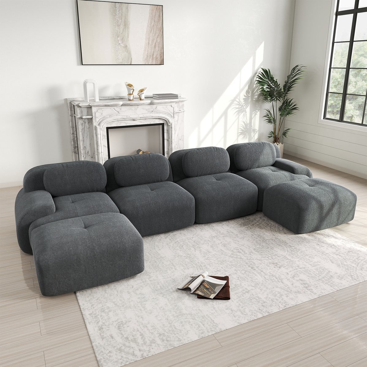 MODFU Modulaire Hoekbank - Minimalistisch Design - Grijs Ribstof