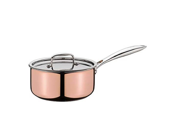 Spring Culinox Stielkasserolle, 5-lagige Kupfer-Edelstahl, Ø 20 cm Niederform, 18/10 Edelstahlkern, Aluminiumkern, Innenskalierung, induktionsgeeignet, backofenfest, mit Edelstahldeckel