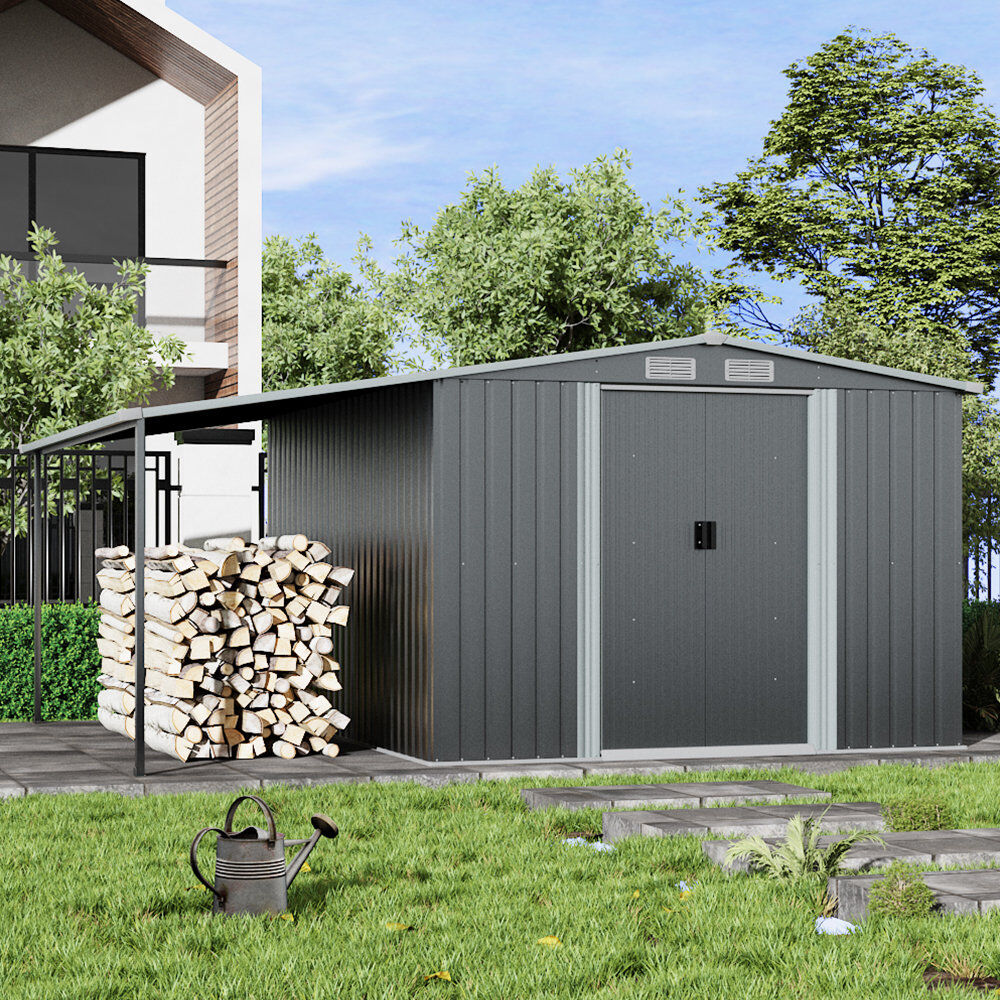 Dakota Fields 10ft W x 8ft D Caiti Metal Garden Sheds with Lean-to Dark Grey 358cm W X 301cm D X 256cm H