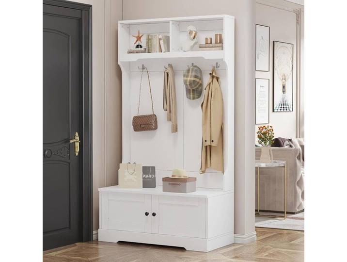 Porte-manteau Multifonctionnel 101 5x47x183cm - Vestiaire D'Entrée - Avec Armoire À Chaussures et 4 crochets - Décor blanc